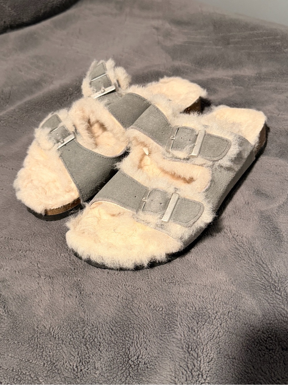 Faux Shearling Double-Buckle Slide Sandals - Gray with Cream Lining